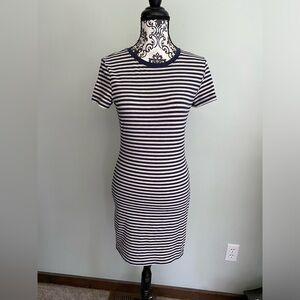 H&M Women’s Navy Blue Off White Striped Shirt Dress Short Sleeve Crew Neck Sz S